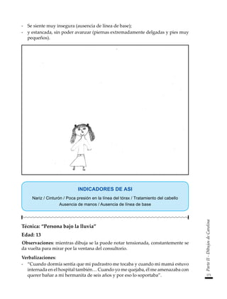 171
Parte
II
-
Dibujos
de
Carolina
-	 Se siente muy insegura (ausencia de línea de base);
-	 y estancada, sin poder avanzar (piernas extremadamente delgadas y pies muy
pequeños).
INDICADORES DE ASI
Nariz / Cinturón / Poca presión en la línea del tórax / Tratamiento del cabello
Ausencia de manos / Ausencia de línea de base
Técnica: “Persona bajo la lluvia”
Edad: 13
Observaciones: mientras dibuja se la puede notar tensionada, constantemente se
da vuelta para mirar por la ventana del consultorio.
Verbalizaciones:
-	 “Cuando dormía sentía que mi padrastro me tocaba y cuando mi mamá estuvo
internada en el hospital también… Cuando yo me quejaba, él me amenazaba con
querer bañar a mi hermanita de seis años y por eso lo soportaba”.
 