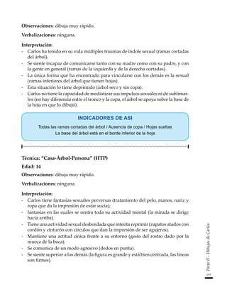 177
Parte
II
-
Dibujos
de
Carlos
Observaciones: dibuja muy rápido.
Verbalizaciones: ninguna.
Interpretación:
-	 Carlos ha tenido en su vida múltiples traumas de índole sexual (ramas cortadas
del árbol).
-	 Se siente incapaz de comunicarse tanto con su madre como con su padre, y con
la gente en general (ramas de la izquierda y de la derecha cortadas).
-	 La única forma que ha encontrado para vincularse con los demás es la sexual
(ramas inferiores del árbol que tienen hojas).
-	 Esta situación lo tiene deprimido (árbol seco y sin copa).
-	 Carlos no tiene la capacidad de mediatizar sus impulsos sexuales ni de sublimar-
los (no hay diferencia entre el tronco y la copa, el árbol se apoya sobre la base de
la hoja en que lo dibujó).
INDICADORES DE ASI
Todas las ramas cortadas del árbol / Ausencia de copa / Hojas sueltas
La base del árbol está en el borde inferior de la hoja
Técnica: “Casa-Árbol-Persona” (HTP)
Edad: 14
Observaciones: dibuja muy rápido.
Verbalizaciones: ninguna.
Interpretación:
-	 Carlos tiene fantasías sexuales perversas (tratamiento del pelo, manos, nariz y
ropa que da la impresión de estar sucia);
-	 fantasías en las cuales se centra toda su actividad mental (la mirada se dirige
hacia arriba).
-	 Tiene una actividad sexual desbordada que intenta reprimir (zapatos atados con
cordón y cinturón con círculos que dan la impresión de ser agujeros).
-	 Mantiene una actitud cínica frente a su entorno (gesto del rostro dado por la
mueca de la boca).
-	 Se comunica de un modo agresivo (dedos en punta).
-	 Se siente superior a los demás (la figura es grande y está bien centrada, las líneas
son firmes).
 