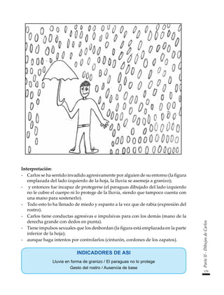179
Parte
II
-
Dibujos
de
Carlos
Interpretación:
-	 Carlos se ha sentido invadido agresivamente por alguien de su entorno (la figura
emplazada del lado izquierdo de la hoja, la lluvia se asemeja a granizo);
-	 y entonces fue incapaz de protegerse (el paraguas dibujado del lado izquierdo
no le cubre el cuerpo ni lo protege de la lluvia, siendo que tampoco cuenta con
una mano para sostenerlo).
-	 Todo esto lo ha llenado de miedo y espanto a la vez que de rabia (expresión del
rostro).
-	 Carlos tiene conductas agresivas e impulsivas para con los demás (mano de la
derecha grande con dedos en punta).
-	 Tiene impulsos sexuales que los desbordan (la figura está emplazada en la parte
inferior de la hoja);
-	 aunque haga intentos por controlarlos (cinturón, cordones de los zapatos).
INDICADORES DE ASI
Lluvia en forma de granizo / El paraguas no lo protege
Gesto del rostro / Ausencia de base
 