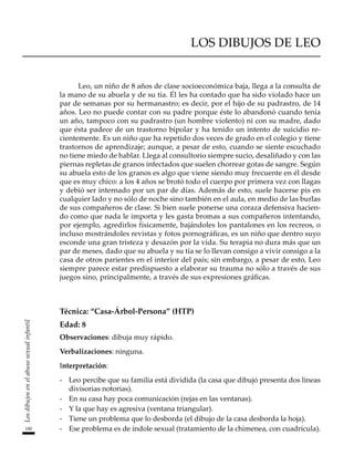 180
Los
dibujos
en
el
abuso
sexual
infantil
LOS DIBUJOS DE LEO
Leo, un niño de 8 años de clase socioeconómica baja, llega a la consulta de
la mano de su abuela y de su tía. Él les ha contado que ha sido violado hace un
par de semanas por su hermanastro; es decir, por el hijo de su padrastro, de 14
años. Leo no puede contar con su padre porque éste lo abandonó cuando tenía
un año, tampoco con su padrastro (un hombre violento) ni con su madre, dado
que ésta padece de un trastorno bipolar y ha tenido un intento de suicidio re-
cientemente. Es un niño que ha repetido dos veces de grado en el colegio y tiene
trastornos de aprendizaje; aunque, a pesar de esto, cuando se siente escuchado
no tiene miedo de hablar. Llega al consultorio siempre sucio, desaliñado y con las
piernas repletas de granos infectados que suelen chorrear gotas de sangre. Según
su abuela esto de los granos es algo que viene siendo muy frecuente en él desde
que es muy chico: a los 4 años se brotó todo el cuerpo por primera vez con llagas
y debió ser internado por un par de días. Además de esto, suele hacerse pis en
cualquier lado y no sólo de noche sino también en el aula, en medio de las burlas
de sus compañeros de clase. Si bien suele ponerse una coraza defensiva hacien-
do como que nada le importa y les gasta bromas a sus compañeros intentando,
por ejemplo, agredirlos físicamente, bajándoles los pantalones en los recreos, o
incluso mostrándoles revistas y fotos pornográficas, es un niño que dentro suyo
esconde una gran tristeza y desazón por la vida. Su terapia no dura más que un
par de meses, dado que su abuela y su tía se lo llevan consigo a vivir consigo a la
casa de otros parientes en el interior del país; sin embargo, a pesar de esto, Leo
siempre parece estar predispuesto a elaborar su trauma no sólo a través de sus
juegos sino, principalmente, a través de sus expresiones gráficas.
Técnica: “Casa-Árbol-Persona” (HTP)
Edad: 8
Observaciones: dibuja muy rápido.
Verbalizaciones: ninguna.
Interpretación:
-	 Leo percibe que su familia está dividida (la casa que dibujó presenta dos líneas
divisorias notorias).
-	 En su casa hay poca comunicación (rejas en las ventanas).
-	 Y la que hay es agresiva (ventana triangular).
-	 Tiene un problema que lo desborda (el dibujo de la casa desborda la hoja).
-	 Ese problema es de índole sexual (tratamiento de la chimenea, con cuadrícula).
 
