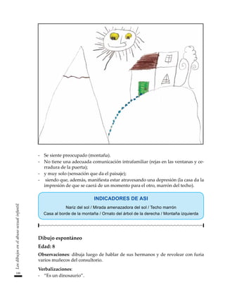 188
Los
dibujos
en
el
abuso
sexual
infantil
-	 Se siente preocupado (montaña).
-	 No tiene una adecuada comunicación intrafamiliar (rejas en las ventanas y ce-
rradura de la puerta);
-	 y muy solo (sensación que da el paisaje);
-	 siendo que, además, manifiesta estar atravesando una depresión (la casa da la
impresión de que se caerá de un momento para el otro, marrón del techo).
INDICADORES DE ASI
Nariz del sol / Mirada amenazadora del sol / Techo marrón
Casa al borde de la montaña / Ornato del árbol de la derecha / Montaña izquierda
Dibujo espontáneo
Edad: 8
Observaciones: dibuja luego de hablar de sus hermanos y de revolear con furia
varios muñecos del consultorio.
Verbalizaciones:
-	 “Es un dinosaurio”.
 