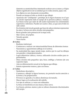 18
Los
dibujos
en
el
abuso
sexual
infantil
damente su motricidad fina intentando realizar con su mano y el lápiz
objetos significativos de la realidad que lo rodea (mamá, papá, sol).
·	 Los objetos no son claramente reconocibles.
·	 Pasado un tiempo el niño se olvida lo que dibujó.
·	 Aparición del “cefalópodo”: prototipo de la figura humana en el que
un círculo representa todo el cuerpo de la persona (cabeza y tronco).
Las líneas rectas que salen de allí suelen representar las extremidades
superiores e inferiores. Pueden ser cuatro o diez, ya que aún el niño no
sabe contar.
·	 En el interior del círculo grande que hace de cabeza intentan representar
los ojos y la boca con otros círculos más pequeños.
·	 Bocas grandes (aún primacía de la etapa oral).
·	 Ojos vacíos, sin pupilas.
·	 Tamaño grande.
·	 Trazo fuerte.
d)	4 años:
·	 Realismo intelectual.
·	 Comienzan a realizar con intencionalidad líneas de diferentes formas
·	 Narcisismo y egocentrismo (dibuja en el centro).
·	 Su motricidad fina sigue siendo torpe, motivo por lo cual los dibujos
son grandes y desproporcionados.
·	 Logra diferenciar cabeza y tronco, utilizando círculos unidos para re-
presentarlos.
·	 Otros círculos más pequeños: ojos, boca, ombligo y botones (de una
supuesta ropa).
·	 Aún no diferenciación sexual en las figuras que dibuja.
·	 Intenta representar manos y pies con líneas.
e)	5 años:
·	 Simbolismo descriptivo.
·	 Comienza a dibujar la figura humana, sin prestarle mucha atención a
la forma y las proporciones.
·	 El tronco se agranda y la cabeza disminuye de tamaño.
·	 Mayor logro en la realización del cabello.
·	 Los ojos se achican y a veces son rellenados.
·	 La boca se transforma en una mueca, línea curva.
·	 Los brazos, piernas, manos y pies se ubican claramente discriminados
del cuerpo.
 