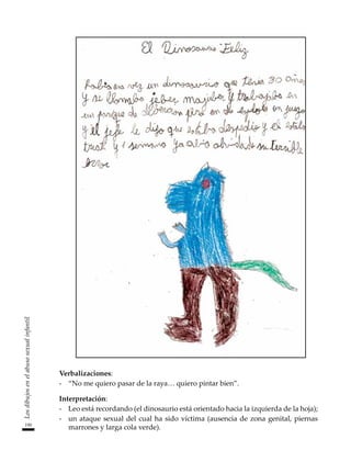 190
Los
dibujos
en
el
abuso
sexual
infantil
Verbalizaciones:
-	 “No me quiero pasar de la raya… quiero pintar bien”.
Interpretación:
-	 Leo está recordando (el dinosaurio está orientado hacia la izquierda de la hoja);
-	 un ataque sexual del cual ha sido víctima (ausencia de zona genital, piernas
marrones y larga cola verde).
 