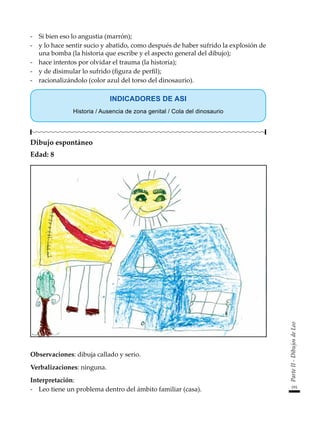191
Parte
II
-
Dibujos
de
Leo
-	 Si bien eso lo angustia (marrón);
-	 y lo hace sentir sucio y abatido, como después de haber sufrido la explosión de
una bomba (la historia que escribe y el aspecto general del dibujo);
-	 hace intentos por olvidar el trauma (la historia);
-	 y de disimular lo sufrido (figura de perfil);
-	 racionalizándolo (color azul del torso del dinosaurio).
INDICADORES DE ASI
Historia / Ausencia de zona genital / Cola del dinosaurio
Dibujo espontáneo
Edad: 8
Observaciones: dibuja callado y serio.
Verbalizaciones: ninguna.
Interpretación:
-	 Leo tiene un problema dentro del ámbito familiar (casa).
 