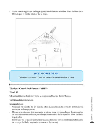 195
Parte
II
-
Dibujos
de
Verónica
-	 No se siente segura en su hogar (paredes de la casa torcidas, línea de base esta-
blecida por el borde inferior de la hoja).
INDICADORES DE ASI
Chimenea con humo / Casa sin base / Fachada frontal de la casa
Técnica: “Casa-Árbol-Persona” (HTP)
Edad: 10
Observaciones: dibuja muy seria y con una actitud de desconfianza.
Verbalizaciones: ninguna.
Interpretación:
-	 Verónica ha sufrido de un trauma (dos manzanas en la copa del árbol que se
asemejan a dos agujeros).
-	 Ella es una niña que internamente se siente muy presionada por los recuerdos
de situaciones traumáticas pasadas (achatamiento de la copa del árbol del lado
izquierdo).
-	 Siente que no se puede comunicar adecuadamente con su madre (achatamiento
de la copa del lado izquierdo y ausencia de ramas).
 