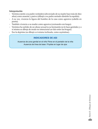 199
Parte
II
-
Dibujos
de
Verónica
Interpretación:
-	 Verónica siente a su padre verdadero (divorciado de su madre hace más de diez
años) como ausente y pasivo (dibujó a su padre sentado dándole la espalda).
-	 A su vez, vivencia la figura del hombre de la casa como agresiva (cabello en
punta).
-	 También vivencia a su madre como agresiva (cocinando con fuego).
-	 Verónica ha sufrido de un abuso sexual (a su hermanito no le hace genitales y a
sí misma se dibuja de modo no intencional un falo entre las bragas).
-	 Eso la deprime (se dibujó a sí misma inclinada, como cayéndose).
INDICADORES DE ASI
Ausencia de zona genital en el niño/ Pene en el pantalón de la niña
Ausencia de línea de base / Pupilas en lugar de ojos
 