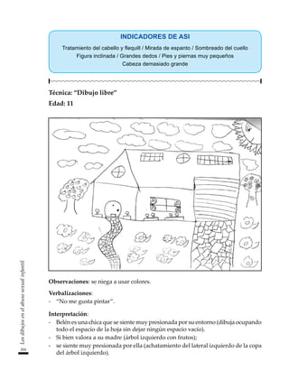 204
Los
dibujos
en
el
abuso
sexual
infantil
INDICADORES DE ASI
Tratamiento del cabello y flequill / Mirada de espanto / Sombreado del cuello
Figura inclinada / Grandes dedos / Pies y piernas muy pequeños
Cabeza demasiado grande
Técnica: “Dibujo libre”
Edad: 11
Observaciones: se niega a usar colores.
Verbalizaciones:
-	 “No me gusta pintar”.
Interpretación:
-	 Belén es una chica que se siente muy presionada por su entorno (dibuja ocupando
todo el espacio de la hoja sin dejar ningún espacio vacío).
-	 Si bien valora a su madre (árbol izquierdo con frutos);
-	 se siente muy presionada por ella (achatamiento del lateral izquierdo de la copa
del árbol izquierdo).
 