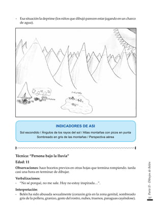 207
Parte
II
-
Dibujos
de
Belén
-	 Esa situación la deprime (los niños que dibujó parecen estar jugando en un charco
de agua).
INDICADORES DE ASI
Sol escondido / Ángulos de los rayos del sol / Altas montañas con picos en punta
Sombreado en gris de las montañas / Perspectiva aérea
Técnica: “Persona bajo la lluvia”
Edad: 11
Observaciones: hace bocetos previos en otras hojas que termina rompiendo. tarda
casi una hora en terminar de dibujar.
Verbalizaciones:
-	 “No sé porqué, no me sale. Hoy no estoy inspirada…”.
Interpretación:
-	 Belén ha sido abusada sexualmente (corazón gris en la zona genital, sombreado
gris de la pollera, granizo, gesto del rostro, nubes, truenos, paraguas cayéndose).
 