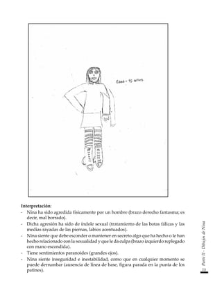 211
Parte
II
-
Dibujos
de
Nina
Interpretación:
-	 Nina ha sido agredida físicamente por un hombre (brazo derecho fantasma; es
decir, mal borrado).
-	 Dicha agresión ha sido de índole sexual (tratamiento de las botas fálicas y las
medias rayadas de las piernas, labios acentuados).
-	 Nina siente que debe esconder o mantener en secreto algo que ha hecho o le han
hecho relacionado con la sexualidad y que le da culpa (brazo izquierdo replegado
con mano escondida).
-	 Tiene sentimientos paranoides (grandes ojos).
-	 Nina siente inseguridad e inestabilidad, como que en cualquier momento se
puede derrumbar (ausencia de línea de base, figura parada en la punta de los
patines).
 