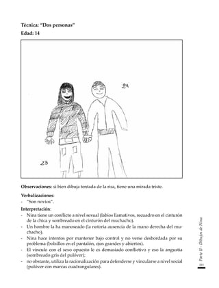 215
Parte
II
-
Dibujos
de
Nina
Técnica: “Dos personas”
Edad: 14
Observaciones: si bien dibuja tentada de la risa, tiene una mirada triste.
Verbalizaciones:
-	 “Son novios”.
Interpretación:
-	 Nina tiene un conflicto a nivel sexual (labios llamativos, recuadro en el cinturón
de la chica y sombreado en el cinturón del muchacho).
-	 Un hombre la ha manoseado (la notoria ausencia de la mano derecha del mu-
chacho).
-	 Nina hace intentos por mantener bajo control y no verse desbordada por su
problema (bolsillos en el pantalón, ojos grandes y abiertos).
-	 El vínculo con el sexo opuesto le es demasiado conflictivo y eso la angustia
(sombreado gris del pulóver);
-	 no obstante, utiliza la racionalización para defenderse y vincularse a nivel social
(pulóver con marcas cuadrangulares).
 