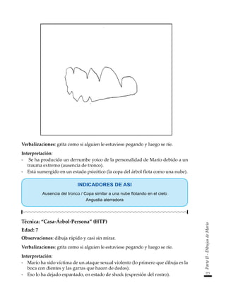 221
Parte
II
-
Dibujos
de
Mario
Verbalizaciones: grita como si alguien le estuviese pegando y luego se ríe.
Interpretación:
-	 Se ha producido un derrumbe yoico de la personalidad de Mario debido a un
trauma extremo (ausencia de tronco).
-	 Está sumergido en un estado psicótico (la copa del árbol flota como una nube).
INDICADORES DE ASI
Ausencia del tronco / Copa similar a una nube flotando en el cielo
Angustia aterradora
Técnica: “Casa-Árbol-Persona” (HTP)
Edad: 7
Observaciones: dibuja rápido y casi sin mirar.
Verbalizaciones: grita como si alguien le estuviese pegando y luego se ríe.
Interpretación:
-	 Mario ha sido víctima de un ataque sexual violento (lo primero que dibuja es la
boca con dientes y las garras que hacen de dedos).
-	 Eso lo ha dejado espantado, en estado de shock (expresión del rostro).
 