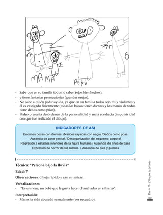 223
Parte
II
-
Dibujos
de
Mario
-	 Sabe que en su familia todos lo saben (ojos bien hechos);
-	 y tiene fantasías persecutorias (grandes orejas).
-	 No sabe a quién pedir ayuda, ya que en su familia todos son muy violentos y
él es castigado físicamente (todas las bocas tienen dientes y las manos de todos
tiene dedos como púas).
-	 Pedro presenta desórdenes de la personalidad y mala conducta (impulsividad
con que fue realizado el dibujo).
INDICADORES DE ASI
Enormes bocas con dientes /Narices rayadas con negro /Dedos como púas
Ausencia de zona genital / Desorganización del esquema corporal
Regresión a estadios inferiores de la figura humana / Ausencia de línea de base
Expresión de horror de los rostros / Ausencia de pies y piernas
Técnica: “Persona bajo la lluvia”
Edad: 7
Observaciones: dibuja rápido y casi sin mirar.
Verbalizaciones:
-	 “Es un nene, un bebé que le gusta hacer chanchadas en el barro”.
Interpretación:
-	 Mario ha sido abusado sexualmente (ver recuadro).
 