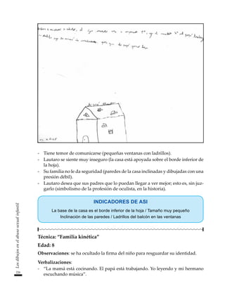 226
Los
dibujos
en
el
abuso
sexual
infantil
-	 Tiene temor de comunicarse (pequeñas ventanas con ladrillos).
-	 Lautaro se siente muy inseguro (la casa está apoyada sobre el borde inferior de
la hoja).
-	 Su familia no le da seguridad (paredes de la casa inclinadas y dibujadas con una
presión débil).
-	 Lautaro desea que sus padres que lo puedan llegar a ver mejor; esto es, sin juz-
garlo (simbolismo de la profesión de oculista, en la historia).
INDICADORES DE ASI
La base de la casa es el borde inferior de la hoja / Tamaño muy pequeño
Inclinación de las paredes / Ladrillos del balcón en las ventanas
Técnica: “Familia kinética”
Edad: 8
Observaciones: se ha ocultado la firma del niño para resguardar su identidad.
Verbalizaciones:
-	 “La mamá está cocinando. El papá está trabajando. Yo leyendo y mi hermano
escuchando música”.
 