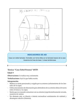 231
Parte
II
-
Dibujos
de
Malena
INDICADORES DE ASI
Casa con doble fachada / Animalito con forma fálica en la fachada trasera de la casa
	 Ausencia de línea de base / Líneas temblorosas
Técnica: “Casa-Árbol-Persona” (HTP)
Edad: 9
Observaciones: lo realiza muy seriamente.
Verbalizaciones: leyó lo que había escrito.
Interpretación:
-	 Malena se siente presionada y exigida por su entorno (achatamiento de los late-
rales de la copa).
-	 Utiliza mecanismos de disociación para defenderse de su entorno (línea divisoria
entre el tronco y la copa).
-	 Siente que no se puede comunicar con su entorno (copa herméticamente cerrada,
ausencia de ramas).
-	 No obstante esto, se disocia e intenta racionalizar sentimientos de soledad y
desamparo afectivo (historia).
 