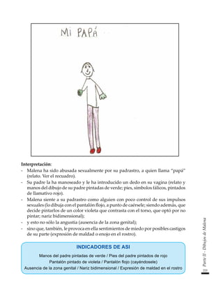 233
Parte
II
-
Dibujos
de
Malena
Interpretación:
-	 Malena ha sido abusada sexualmente por su padrastro, a quien llama “papá”
(relato. Ver el recuadro).
-	 Su padre la ha manoseado y le ha introducido un dedo en su vagina (relato y
manos del dibujo de su padre pintadas de verde; pies, símbolos fálicos, pintados
de llamativo rojo).
-	 Malena siente a su padrastro como alguien con poco control de sus impulsos
sexuales (lo dibuja con el pantalón flojo, a punto de caérsele; siendo además, que
decide pintarlos de un color violeta que contrasta con el torso, que optó por no
pintar; nariz bidimensional);
-	 y esto no sólo la angustia (ausencia de la zona genital);
-	 sino que, también, le provoca en ella sentimientos de miedo por posibles castigos
de su parte (expresión de maldad o enojo en el rostro).
INDICADORES DE ASI
Manos del padre pintadas de verde / Pies del padre pintados de rojo
Pantalón pintado de violeta / Pantalón flojo (cayéndosele)
Ausencia de la zona genital / Nariz bidimensional / Expresión de maldad en el rostro
 