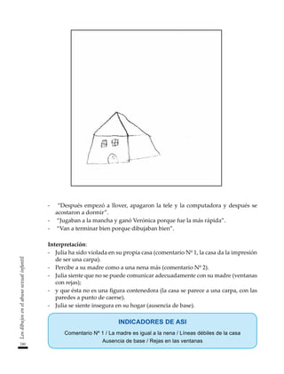 240
Los
dibujos
en
el
abuso
sexual
infantil
-	 “Después empezó a llover, apagaron la tele y la computadora y después se
acostaron a dormir”.
-	 “Jugaban a la mancha y ganó Verónica porque fue la más rápida”.
-	 “Van a terminar bien porque dibujaban bien”.
Interpretación:
-	 Julia ha sido violada en su propia casa (comentario Nº 1, la casa da la impresión
de ser una carpa).
-	 Percibe a su madre como a una nena más (comentario Nº 2).
-	 Julia siente que no se puede comunicar adecuadamente con su madre (ventanas
con rejas);
-	 y que ésta no es una figura contenedora (la casa se parece a una carpa, con las
paredes a punto de caerse).
-	 Julia se siente insegura en su hogar (ausencia de base).
INDICADORES DE ASI
Comentario Nº 1 / La madre es igual a la nena / Líneas débiles de la casa
Ausencia de base / Rejas en las ventanas
 