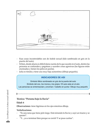 244
Los
dibujos
en
el
abuso
sexual
infantil
-	 Esas cosas incontrolables son de índole sexual (falo sombreado en gris en la
puerta del auto).
-	 Si bien, desde afuera es difícil darse cuenta de lo que sucede en el auto, dentro las
personas se confunden y pegotean y suceden cosas agresivas (las figuras están
encimadas y tienen los pelos en punta).
-	 Julia es tímida y tiene una muy baja autoestima (dibujo pequeño).
INDICADORES DE ASI
Símbolo fálico sombreado en gris de la puerta del auto
Símbolo del zoo, los monos y los piojos / El auto esta en el aire
Las personas se entremezclan y enciman / Cabello en punta / Dibujo muy pequeño
Técnica: “Persona bajo la lluvia”
Edad: 6
Observaciones: tiene lágrimas en los ojos mientras dibuja.
Verbalizaciones:
-	 “Es una nena que tiene pelo largo. Está mirando la lluvia y cayó un trueno y se
quemó”.
-	 “Y... ¡va a terminar bien porque se corrió! Y se puso curitas”.
 