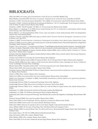 247
Bibliografía
BIBLIOGRAFÍA
Allen, Pat (1995); Arte terapia, guía de descubrimiento a través del arte y la creatividad. Madrid, Gaia.
Batres Méndez, Gioconda (1997); Del ultraje a la esperanza. Tratamiento de las secuelas del incesto. Costa Rica, ILANUD.
Bernstein, J. (1959); “Los tests de escenas dramáticas”. En L. Bellak, Test de apercepción infantil (CAT). Buenos Aires, Paidós.
Bernstein, J. (1964); “La técnica del dibujo de dos personas de Machover”. En: F. L. Goodenough. Test de inteligencia infantil por
medio del dibujo de la figura humana. Buenos Aires. Paidós.
Bernstein, J. (1964); “Test de la pareja”. En: Bell, J. E.: Técnicas proyectivas. Buenos Aires, Paidós.
Burns, Robert. C. y Kaufman, S. H. (1970); Kinetic Family Drawings (K-F-D): An introduction to understanding children through
kinetic drawings. New York. Brunner-Mazel.
Burns, Robert C. y S. Harvard Kaufman (1972); Actions, styles and symbols in kinetic family drawings (KFD): An interpretative
manual. New York, Brunner/Mazel.
Cancelas y Ouviña, Lucía-Pilar (1997); James Joyce y la Berlitz School. Encuentro. Revista de Investigación e Innovación en la clase
de idiomas, vol. 9, pp. 39-53.
Celener, G. (2002). Técnicas Proyectivas. Actualización e Interpretación en los ámbitos clínico, laboral y forense. Buenos Aires. Lugar
Celener, G. (1996); Las técnicas gráficas como método proyectivo. Ficha de la Cátedra Teoría y Técnica de Exploración y Diagnóstico
Psicológico, Mod. II, Buenos Aires, UBA.
Coloma. “Así es, si así os parece… Las proyecciones psicológicas”. Copyleft bajo una licencia de Creative Commons -Asociación Cultu-
ral Nueva Acrópolis. Disponible en línea: http://www.nueva-acropolis.es/cultura/psicologia.asp. Fecha consulta 10/04/2011.
Colombo, Rosa Inés; Beigbeder de Agosta, Carolina; Barilari, Zulema (2006); Abuso y maltrato infantil. Indicadores en “Persona
bajo la lluvia”. Buenos Aires, Cauquén.
Colombo, Rosa Inés; Beigbeder de Agosta, Carolina; Barilari, Zulema (2003); Abuso y maltrato infantil. Hora de Juego Diagnóstica.
Buenos Aires, Sainte Claire.
Corman, Louis (1967); El test del dibujo de la familia. Buenos Aires, Kapelusz.
D’Alfonso, Pedro; Biedma, Carlos (1960); El lenguaje del dibujo: Test de Wartegg-Viedma-D’Alfonso, Buenos Aires, Kapelusz.
Davison, Neil R. (1998); James Joyce, Ulysses, and the Construction of Jewish Identity: Culture, Biography, and ‘the Jew’ in Modernist
Europe. Cambridge University Press, Cambridge.
Elkisch, Paula (1966); “Expresión artística libre”. En Técnicas proyectivas para niños. Paidós, Buenos Aires.
Elkisch, Paula (1969); Tests proyectivos gráficos. Buenos Aires, Paidós.
Fernández Liporace, Mercedes (1996); El dibujo de la figura humana. Aspectos psicométricos y proyectivos en el proceso psicodiagnós-
tico. Buenos Aires, Psicoteca.
Freud, S. (1986); Obras completas. Buenos Aires, Amorrortu.
Giberti, Eva (1998); Incesto paterno-filial. Una visión multidisciplinaria. Buenos Aires, Universidad.
Giberti, Eva; Garaventa, J.; Lamberti, S. (2005); Vulnerabilidad, desvalimiento y maltrato infantil en las organizaciones familiares.
Buenos Aires, Noveduc.
Goodenough, Florence (1934); Devenlopmental Psychology. Nueva York, Appleton.
Goodenough, Florence (1926); Measurement of intelligence by drawing. Nueva York, World.
Goodenough, Florence (1964); Test de inteligencia infantil por medio del dibujo de la figura humana, 4ta. edición. Buenos Aires,
Paidós.
Goldsmith, J. A. (1990); Autosegmental and Metrical Phonology, Londres, Basil Blackwell.
Goldsmith, J. A. (1994); The Handbook of Phonological Theory, Londres, Blackwell.
Goldsmith, John (1976); Autosegmental Phonology. Tesis Doctoral de la carrera de Lingüística, Cambridge, Massachusetts. MIT
Press.
Hammer, Emanuel (2006); Tests proyectivos gráficos, Buenos Aires, Paidós.
Harris, Dale (1963); El test de Goodenough. Revisión, ampliación y actualización, Buenos Aires, Paidós.
Intebi, Irene (1998); El abuso sexual en las mejores familias. Barcelona, Granica.
Intebi, Irene (2007); Valoración de sospechas de abuso sexual infantil. España. Colección Documentos Técnicos.
James, William (1890); The Principles of Psychology. New York Henry Holt and Company (2 vols.).
James, William (1983); Exceptional Mental States The 1896 Lowell Lectures. Reconstructed by Eugene Taylor. New York Charles
Scribner’s Sons.
Joyce, James Ulysses: The 1922 Text (1998); Oxford, Oxford University Press.
Jung, Carl Gustav (1999); Obra completa. Madrid, Trotta.
Klein, Melanie (1983); Obras completas. Buenos Aires, Paidós.
Koch, Karl (1963); El test del árbol. Traducción de Juan Jorge Thomas. Buenos Aires, Kapelusz.
 