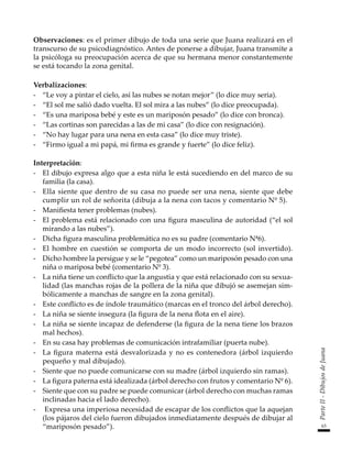 63
Parte
II
-
Dibujos
de
Juana
Observaciones: es el primer dibujo de toda una serie que Juana realizará en el
transcurso de su psicodiagnóstico. Antes de ponerse a dibujar, Juana transmite a
la psicóloga su preocupación acerca de que su hermana menor constantemente
se está tocando la zona genital.
Verbalizaciones:
-	 “Le voy a pintar el cielo, así las nubes se notan mejor” (lo dice muy seria).
-	 “El sol me salió dado vuelta. El sol mira a las nubes” (lo dice preocupada).
-	 “Es una mariposa bebé y este es un mariposón pesado” (lo dice con bronca).
-	 “Las cortinas son parecidas a las de mi casa” (lo dice con resignación).
-	 “No hay lugar para una nena en esta casa” (lo dice muy triste).
-	 “Firmo igual a mi papá, mi firma es grande y fuerte” (lo dice feliz).
Interpretación:
-	 El dibujo expresa algo que a esta niña le está sucediendo en del marco de su
familia (la casa).
-	 Ella siente que dentro de su casa no puede ser una nena, siente que debe
cumplir un rol de señorita (dibuja a la nena con tacos y comentario Nº 5).
-	 Manifiesta tener problemas (nubes).
-	 El problema está relacionado con una figura masculina de autoridad (“el sol
mirando a las nubes”).
-	 Dicha figura masculina problemática no es su padre (comentario Nª6).
-	 El hombre en cuestión se comporta de un modo incorrecto (sol invertido).
-	 Dicho hombre la persigue y se le “pegotea” como un mariposón pesado con una
niña o mariposa bebé (comentario Nº 3).
-	 La niña tiene un conflicto que la angustia y que está relacionado con su sexua-
lidad (las manchas rojas de la pollera de la niña que dibujó se asemejan sim-
bólicamente a manchas de sangre en la zona genital).
-	 Este conflicto es de índole traumático (marcas en el tronco del árbol derecho).
-	 La niña se siente insegura (la figura de la nena flota en el aire).
-	 La niña se siente incapaz de defenderse (la figura de la nena tiene los brazos
mal hechos).
-	 En su casa hay problemas de comunicación intrafamiliar (puerta nube).
-	 La figura materna está desvalorizada y no es contenedora (árbol izquierdo
pequeño y mal dibujado).
-	 Siente que no puede comunicarse con su madre (árbol izquierdo sin ramas).
-	 La figura paterna está idealizada (árbol derecho con frutos y comentario Nº 6).
-	 Siente que con su padre se puede comunicar (árbol derecho con muchas ramas
inclinadas hacia el lado derecho).
-	 Expresa una imperiosa necesidad de escapar de los conflictos que la aquejan
(los pájaros del cielo fueron dibujados inmediatamente después de dibujar al
“mariposón pesado”).
 
