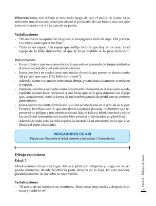 69
Parte
II
-
Dibujos
de
Juana
Observaciones: este dibujo es realizado luego de que el padre de Juana haya
realizado una denuncia penal por abuso al padrastro de sus hijas y una vez que
éstas se fueran a vivir a la casa de su padre,
Verbalizaciones:
-	 “Mi mamá no nos quiso dar ninguno de mis juguetes ni de mi ropa. Ella prefiere
a su novio antes que a sus hijas”.
-	 “Esto es un espejo. Un espejo que refleja todo lo que hay en la casa. Es el
espejo de la bella durmiente, al que la bruja maldita se la pasa mirando”.
Interpretación:
-	 En su dibujo y con sus comentarios, Juana está expresando de forma simbólica
el abuso sexual del cual está siendo víctima.
-	 Juana percibe a su madre como una madre dormida que parece no darse cuenta
del peligro que corre (“La bella durmiente”).
-	 Además, siente a su madre como mala (bruja) y narcisista (solamente se mira en
el espejo).
-	 También, percibe a su madre como únicamente interesada en el sexo (esto queda
explícito cuando hace referencia a una bruja que se la pasa mirando un espejo
que, casualmente, tiene la forma de un hombre parado de perfil con un enorme
pene erecto).
-	 Juana cuenta mediante símbolos lo que está aconteciendo en el seno de su hogar.
El espejo lo refleja todo: lo que sucede en su familia (la casa), un hombre que re-
presenta un peligro y una amenaza sexual (figura fálica y árbol derecho) y todos
los conflictos concomitantes (nubes bien pesadas y destacadas en plastilina).
-	 Además de todo esto, la niña expresa la inestabilidad emocional en la que vive
(línea del suelo ondulada).
INDICADORES DE ASI
Figura con falo entre el árbol derecho y las nubes / Comentarios
Dibujo espontáneo
Edad: 7
Observaciones: En primer lugar dibuja y pinta con témperas y luego, en un se-
gundo momento, decide recortar la parte derecha de la hoja. De esta manera,
paradójicamente, lo invisible se hace visible.
Verbalizaciones:
-	 “El novio de mi mamá es un mentiroso. Hace cosas muy malas y después disi-
mula y nadie lo ve”.
 