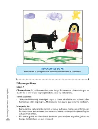 74
Los
dibujos
en
el
abuso
sexual
infantil
INDICADORES DE ASI
Manchas en la zona genital de Pinocho / Secuencia en el comentario
Dibujo espontáneo
Edad: 9
Observaciones: lo realiza con témperas, luego de comentar tristemente que su
madre no le cree lo que su pareja les hizo a ella y a su hermana.
Verbalizaciones:
-	 “Hay mucho viento y se está por largar la lluvia. El árbol se está volando y las
hermanitas están en peligro… Mi mamá no nos cree lo que su novio nos hizo”.
Interpretación:
-	 Juana, junto a su hermanita menor, se siente indefensa frente a un entorno que
les es aterrador (envueltas en una tormenta, las dos nenas que dibujó se refugian
debajo de un árbol).
-	 Ella siente quiere ser libre de sus recuerdos pero aún le es imposible (pájaro en
la copa del árbol con las alas cerradas).
 