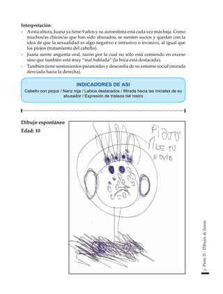 77
Parte
II
-
Dibujos
de
Juana
Interpretación:
-	 Aesta altura, Juana ya tiene 9 años y su autoestima está cada vez más baja. Como
muchos/as chicos/as que han sido abusados, se sienten sucios y quedan con la
idea de que la sexualidad es algo negativo e intrusivo o invasivo, al igual que
los piojos (tratamiento del cabello).
-	 Juana siente angustia oral, razón por la cual no sólo está comiendo en exceso
sino que también está muy “mal hablada” (la boca está destacada).
-	 También tiene sentimientos paranoides y desconfía de su entorno social (mirada
desviada hacia la derecha).
INDICADORES DE ASI
Cabello con piojos / Nariz roja / Labios destacados / Mirada hacia las iniciales de su
abusador / Expresión de tristeza del rostro
Dibujo espontáneo
Edad: 10
 
