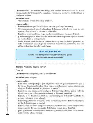 92
Los
dibujos
en
el
abuso
sexual
infantil
Observaciones: Lara realiza este dibujo una semana después de que su madre
haya descubierto “in fraganti” a su cuñado haciéndose masturbar por la niña en la
piscina de su casa.
Verbalizaciones:
-	 “Es una nena con un arco iris y una flor”.
Interpretación:
-	 Lara no se siente querida (dibuja un corazón que luego borronea).
-	 Tiene consciencia de esto (en la cabeza de la nena, tanto el pelo como los ojos
apuntan directo hacia el corazón borroneado).
-	 Lara tiene sentimientos de culpa masturbatoria (manos pintadas de rojo).
-	 y presenta signos de haber sido abusada sexualmente (pollera roja con mancha
de plasticota en la zona genital).
-	 Como muchos niños abusados, Lara se disocia y hace de cuenta que tiene una
vida hermosa (en sus dibujos se esmera en hacer flores, corazones, arco iris,
utiliza brillantinas de colores, etcétera).
INDICADORES DE ASI
Mancha en la zona genital / Recuadro en la zona genital
Manos coloradas / Ojos desviados
Técnica: “Persona bajo la lluvia”
Edad: 6
Observaciones: dibuja muy seria y concentrada.
Verbalizaciones: ninguna.
Interpretación:
-	 Lara no se siente protegida por ninguno de sus dos padres (obsérvese que la
lluvia cae directamente sobre ella y su pequeño hermano, siendo además que
ninguno de ellos sostiene un paraguas protector).
-	 Lara siente a su madre como una figura de mayor importancia que su padre (la
dibuja primero y es de mayor tamaño que la figura de su padre).
-	 Para ella el rol de autoridad lo tiene su madre (figura de la madre del lado de-
recho y rostro con gesto adusto).
-	 Sin embargo, también la vivencia como caprichosa (símbolo de la mariposa justo
arriba de la cabeza de la madre).
-	 Por un lado, Lara siente a su padre como una figura infantil e inmadura (lo dibuja
muy pequeño, del lado izquierdo de la hoja y con un gesto de niño);
-	 pero, por el otro, lo siente como poderoso y productivo (el árbol de la derecha
es imponente y tiene frutos);
 