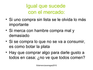 Igual que sucede  con el mercado: Si uno compra sin lista se le olvida lo más importante Si merca con hambre compra mal y demasiado Si se compra lo que no se va a consumir, es como botar la plata Hay que comprar algo para darle gusto a todos en casa: ¿no ve que todos comen? 