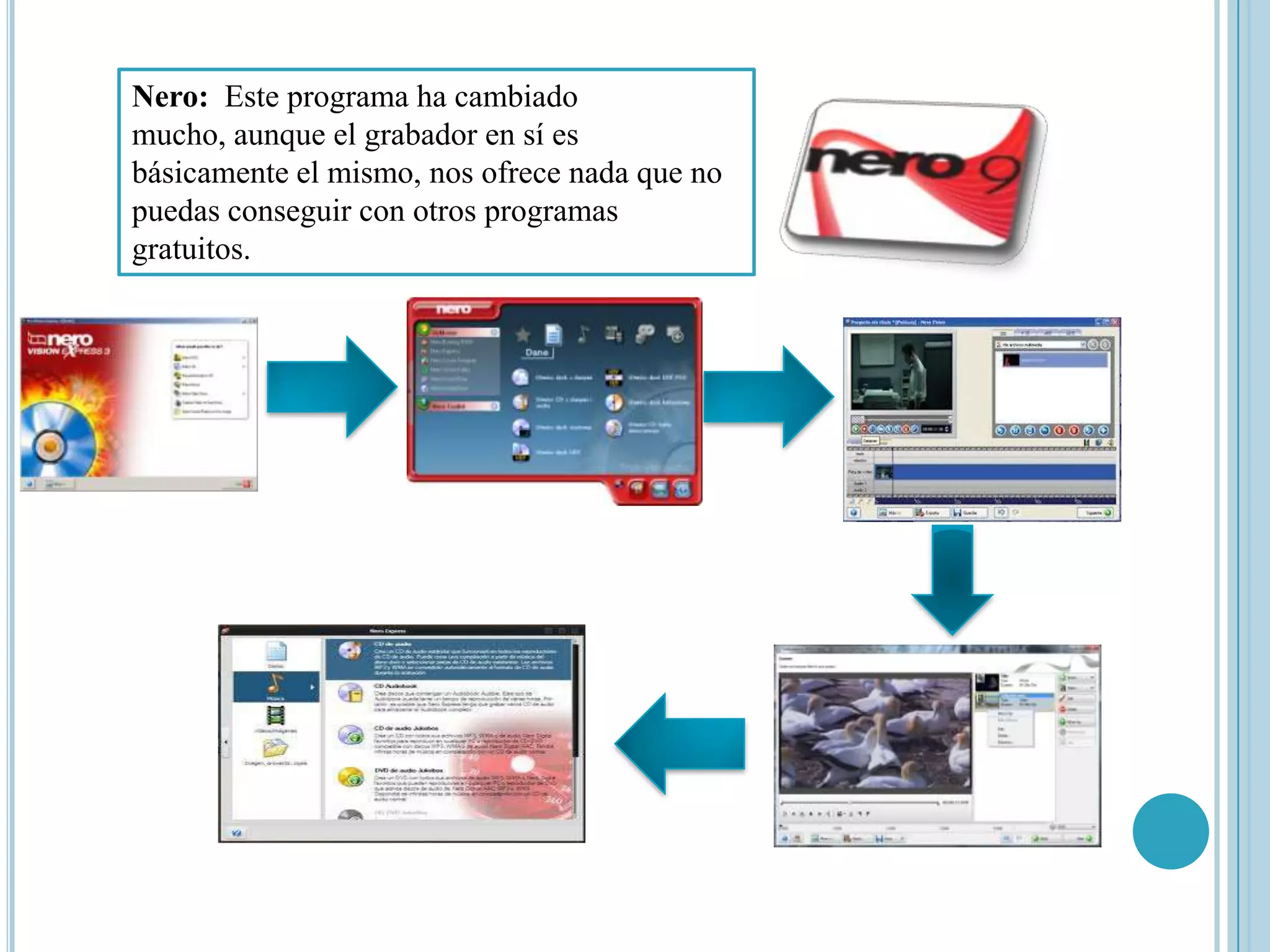 Nero: Este programa ha cambiado
mucho, aunque el grabador en sí es
básicamente el mismo, nos ofrece nada que no
puedas conseguir con otros programas
gratuitos.
 