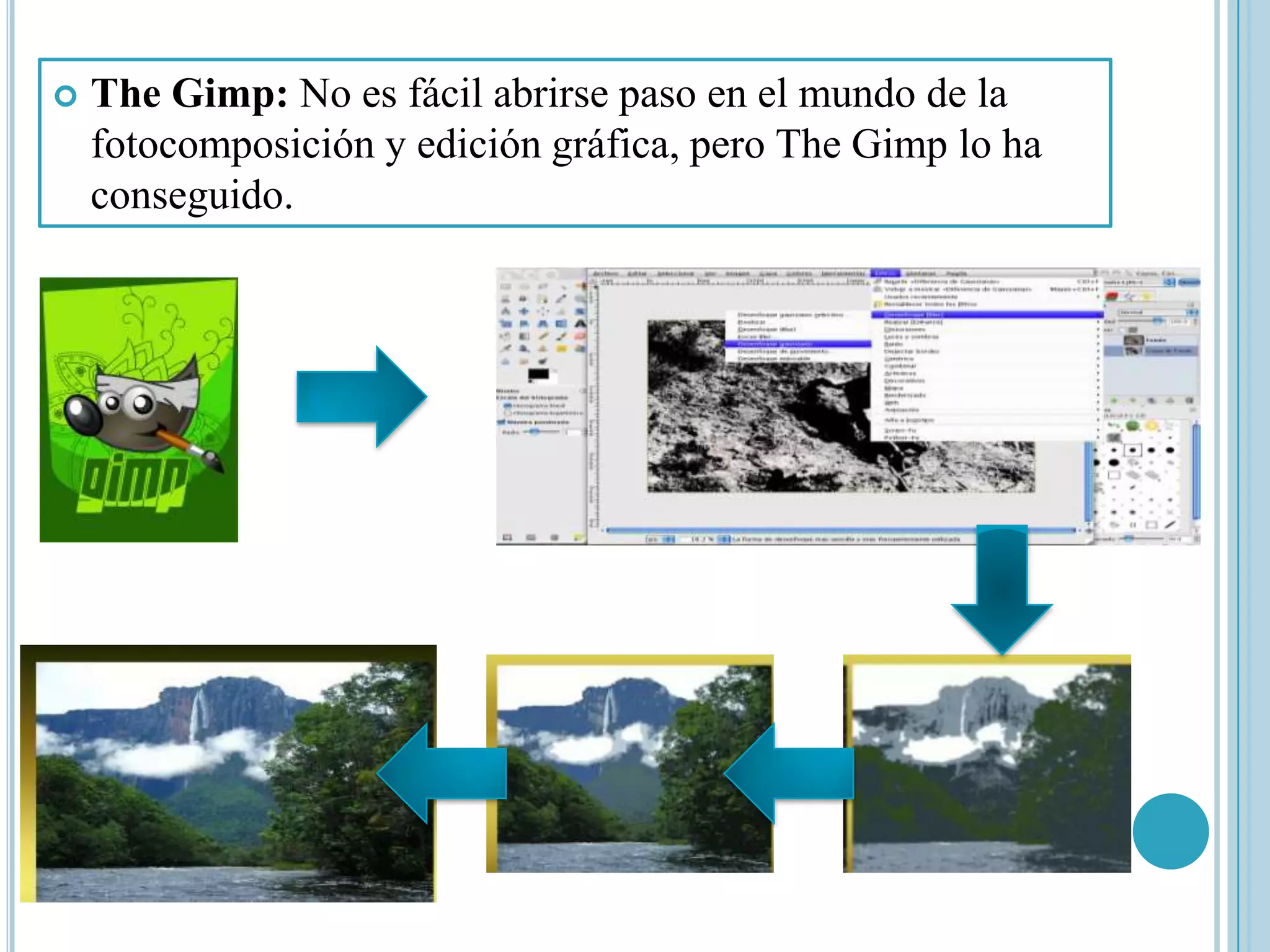    The Gimp: No es fácil abrirse paso en el mundo de la
    fotocomposición y edición gráfica, pero The Gimp lo ha
    conseguido.
 