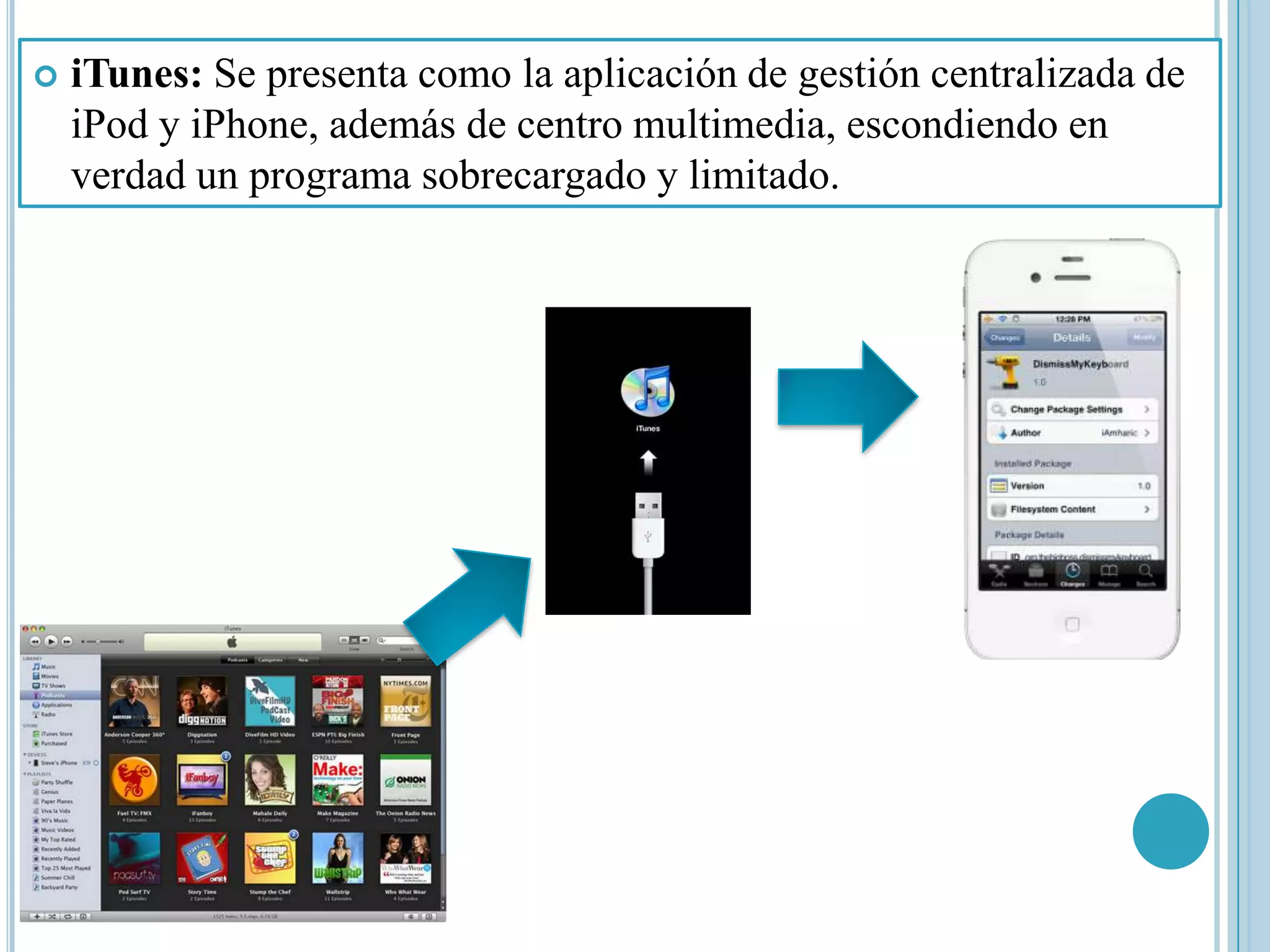   iTunes: Se presenta como la aplicación de gestión centralizada de
    iPod y iPhone, además de centro multimedia, escondiendo en
    verdad un programa sobrecargado y limitado.
 