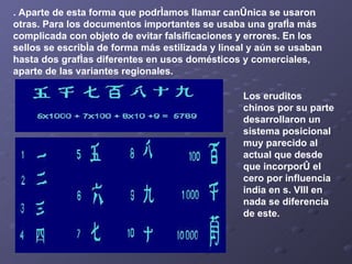 . Aparte de esta forma que podríamos llamar canónica se usaron otras. Para los documentos importantes se usaba una grafía más complicada con objeto de evitar falsificaciones y errores. En los sellos se escribía de forma más estilizada y lineal y aún se usaban hasta dos grafías diferentes en usos domésticos y comerciales, aparte de las variantes regionales.   Los eruditos chinos por su parte desarrollaron un sistema posicional muy parecido al actual que desde que incorporó el cero por influencia india en s. VIII en nada se diferencia de este.   