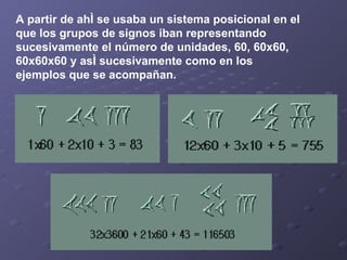A partir de ahí se usaba un sistema posicional en el que los grupos de signos iban representando sucesivamente el número de unidades, 60, 60x60, 60x60x60 y así sucesivamente como en los ejemplos que se acompañan.  