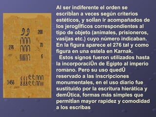 Al ser indiferente el orden se escribían a veces según criterios estéticos, y solían ir acompañados de los jeroglíficos correspondientes al tipo de objeto (animales, prisioneros, vasijas etc.) cuyo número indicaban. En la figura aparece el 276 tal y como figura en una estela en Karnak.    Estos signos fueron utilizados hasta la incorporación de Egipto al imperio romano. Pero su uso quedó reservado a las inscripciones monumentales, en el uso diario fue sustituido por la escritura hierática y demótica, formas más simples que permitían mayor rapidez y comodidad a los escribas   