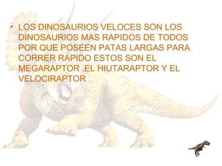 LOS DINOSAURIOS VELOCES SON LOS DINOSAURIOS MAS RAPIDOS DE TODOS POR QUE POSEEN PATAS LARGAS PARA CORRER RAPIDO ESTOS SON EL MEGARAPTOR ,EL HIUTARAPTOR Y EL VELOCIRAPTOR 