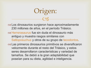 
 Los dinosaurios surgieron hace aproximadamente
230 millones de años, en el período Triásico.
 Herrerasaurus fue sin duda el dinosaurio más
antiguo y muestra rasgos similares con
Saltoposuchus y otros de su grupo de tecodontos.
 Las primeros dinosaurios primitivos se diversificaron
velozmente durante el resto del Triásico, y estos
seres desarrollaron características y variedad de
tamaños. Se debió a la gran adaptabilidad que
poseían para su dieta, agilidad e inteligencia.
Origen:
 