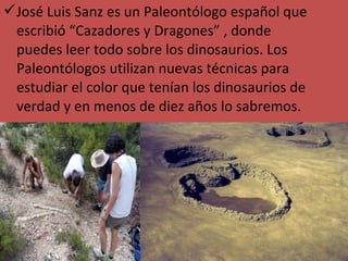 José Luis Sanz es un Paleontólogo español que
 escribió “Cazadores y Dragones” , donde
 puedes leer todo sobre los dinosaurios. Los
 Paleontólogos utilizan nuevas técnicas para
 estudiar el color que tenían los dinosaurios de
 verdad y en menos de diez años lo sabremos.
 
