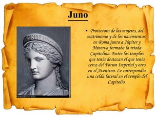 Juno Protectora de las mujeres, del matrimonio y de los nacimientos: en Roma junto a Júpiter y Minerva formaba la triada Capitolina. Entre los templos que tenía destacan el que tenía cerca del Forum Imperial y otro en el Aventino. Le correspondía una celda lateral en el templo del Capitolio.   