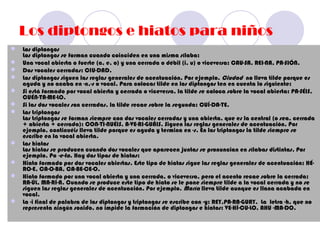 Los diptongos e hiatos para niños
 Los diptongos
  Los diptongos se forman cuando coinciden en una misma sílaba:
 Una vocal abierta o fuerte (a, e, o) y una cerrada o débil (i, u) o viceversa: CAU-SA, REI-NA, PA-SIÓN.
 Dos vocales cerradas: CIU-DAD.
 Los diptongos siguen las reglas generales de acentuación. Por ejemplo, Ciudad no lleva tilde porque es
  aguda y no acaba en -n,-s o vocal. Para colocar tilde en los diptongos ten en cuenta lo siguiente:
 Si está formado por vocal abierta y cerrada o viceversa, la tilde se coloca sobre la vocal abierta: PA-SÉIS,
  CUÉN-TA-ME-LO.
 Si las dos vocales son cerradas, la tilde recae sobre la segunda: CUÍ-DA-TE.
 Los triptongos
  Los triptongos se forman siempre con dos vocales cerradas y una abierta, que es la central (o sea, cerrada
  + abierta + cerrada): CON-TI-NUÉIS, A-VE-RI-GUÁIS. Siguen las reglas generales de acentuación. Por
  ejemplo, continuéis lleva tilde porque es aguda y termina en -s. En los triptongos la tilde siempre se
  escribe en la vocal abierta.
 Los hiatos
  Los hiatos se producen cuando dos vocales que aparecen juntas se pronuncian en sílabas distintas. Por
  ejemplo, Po -e-ta. Hay dos tipos de hiatos:
 Hiato formado por dos vocales abiertas. Este tipo de hiatos sigue las reglas generales de acentuación: HÉ-
  RO-E, CA-O-BA, CA-BE-CE-O.
 Hiato formado por una vocal abierta y una cerrada, o viceversa, pero el acento recae sobre la cerrada:
  RA-ÚL, MA-RÍ-A. Cuando se produce este tipo de hiato se le pone siempre tilde a la vocal cerrada y no se
  siguen las reglas generales de acentuación. Por ejemplo, María lleva tilde aunque es llana acabada en
  vocal.
 La -i final de palabra de los diptongos y triptongos se escribe con -y: REY,PA-RA-GUAY. La letra -h, que no
  representa ningún sonido, no impide la formación de diptongos e hiatos: VE-HÍ-CU-LO, AHU -MA-DO.
 