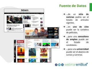 Fuente de Datos
➔ ...de un sitio de
noticias podría ser el
listado de artículos
vigentes.
➔ ...en uno de cine
puede ser la cartelera
de películas.
➔ ...para una consultora
de empleo puede ser
el listado de
candidatos.
➔ ...para una universidad
puede ser el abanico de
cursos y carreras.
 
