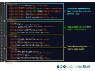 Definición estándar del
ítem (producto / artículo /
película / etc.)
Propiedades de un ítem
(según la definición)
Otros ítems (siguiendo la
misma estructura)
 
