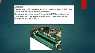 Memoria
El computador funciona con varios tipos de memoria: ROM, RAM,
caché interna, caché externa, de video.
Se conoce como memoria el conjunto de BITS que almacena
caracteres temporal y permanentemente. La representación
mínima de éste es el BYTE.
 