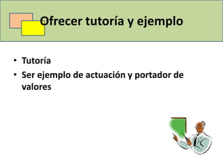 Ofrecer tutoría y ejemplo

• Tutoría
• Ser ejemplo de actuación y portador de
  valores
 