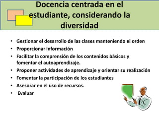 Docencia centrada en el
        estudiante, considerando la
                diversidad
• Gestionar el desarrollo de las clases manteniendo el orden
• Proporcionar información
• Facilitar la comprensión de los contenidos básicos y
  fomentar el autoaprendizaje.
• Proponer actividades de aprendizaje y orientar su realización
• Fomentar la participación de los estudiantes
• Asesorar en el uso de recursos.
• Evaluar
 