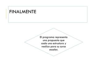 FINALMENTE
El programa representa
una propuesta que
cada uno estructura y
realiza para su curso
escolar.
 