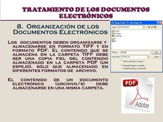 8.  Organización de los Documentos Electrónicos Los  documentos deben organizarse y  almacenarse en formato TIFF y en formato PDF. El contenido que se almacena en la carpeta TIFF debe ser una copia fiel del contenido almacenado en la carpeta PDF (un espejo), sólo que almacenado en diferentes formatos de  archivo. El contenido de un documento electrónico (archivo/s) debe almacenarse en una misma carpeta. 