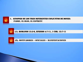 1. SINOPSIS DE LOS TRES DIFERENTES CONJUNTOS DE DONES:
PADRE, EL HIJO, EL ESPÍRITU
(1). ROMANOS 12:3-8, EFESIOS 4:7-11, 1 COR. 12:7-11
(2). MOTIVADORES – OFICIALES – MANIFESTACIONES
 