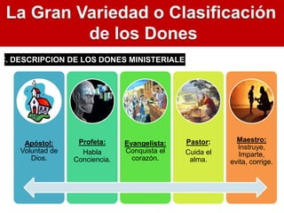 C. DESCRIPCION DE LOS DONES MINISTERIALES
Apóstol:
Voluntad de
Dios.
Profeta:
Habla
Conciencia.
Evangelista:
Conquista el
corazón.
Pastor:
Cuida el
alma.
Maestro:
Instruye,
Imparte,
evita, corrige.
 