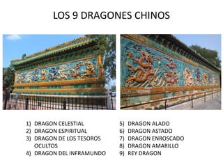 LOS 9 DRAGONES CHINOS
1) DRAGON CELESTIAL
2) DRAGON ESPIRITUAL
3) DRAGON DE LOS TESOROS
OCULTOS
4) DRAGON DEL INFRAMUNDO
5) DRAGON ALADO
6) DRAGON ASTADO
7) DRAGON ENROSCADO
8) DRAGON AMARILLO
9) REY DRAGON
 