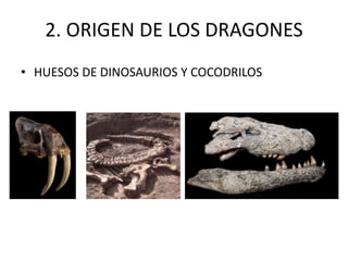 2. ORIGEN DE LOS DRAGONES
• HUESOS DE DINOSAURIOS Y COCODRILOS
 
